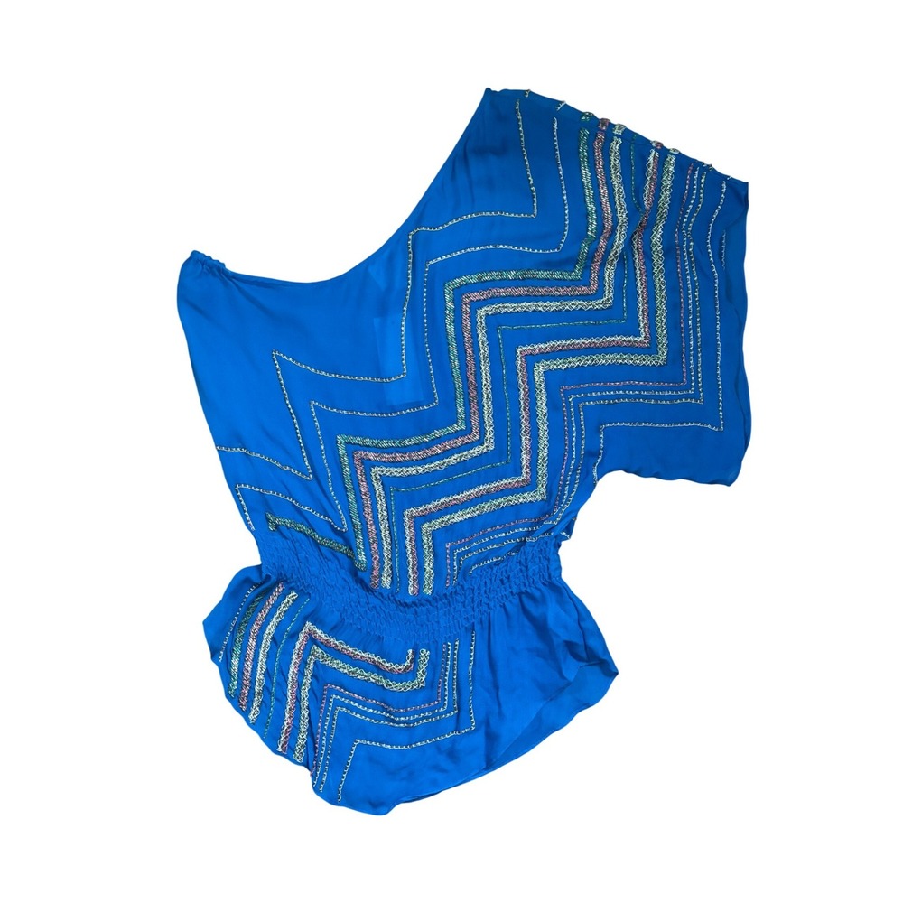 Parker Cobalt Blue 100% Silk One Shoulder Beaded Chevron Top XS NWT